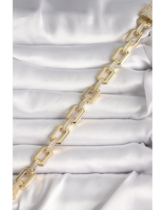 ® Pirinç Gold Renk Zirkon Taş Detaylı Kare Zincir Model Xuping VIP Exculusive Seri Kadın Bileklik