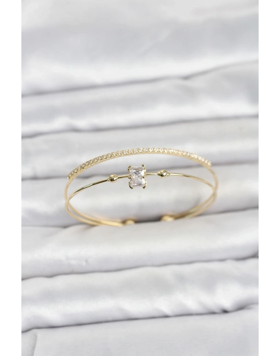 Pirinç Gold Renk Zirkon Taşlı Baget Model Kadın Bileklik