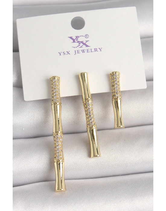 ® Pirinç Gold Renk Zirkon Taşlı Bambu Model 3Lü Kadın Kombin Küpe