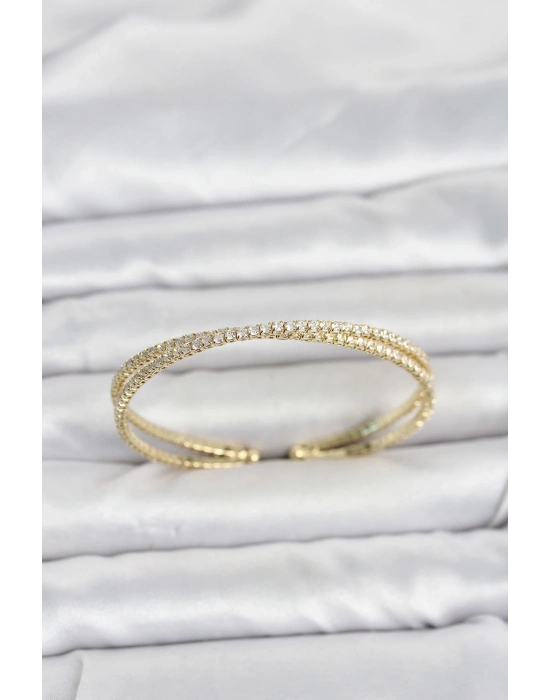 Pirinç Gold Renk Zirkon Taşlı Çapraz Model Kadın Bileklik