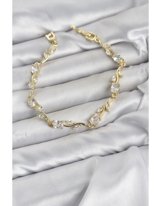 Pirinç Gold Renk Zirkon Taşlı Çiçek Model Kadın Bileklik