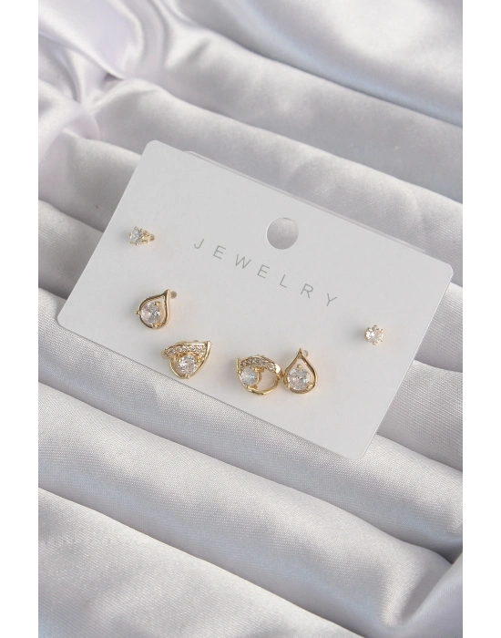 ® Pirinç Gold Renk Zirkon Taşlı Damla Model Küpe Seti