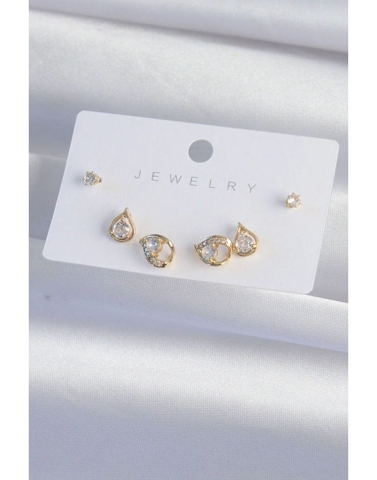 ® Pirinç Gold Renk Zirkon Taşlı Damla Model Küpe Seti