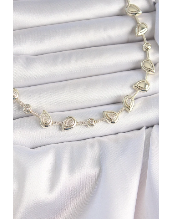 ® Pirinç Gold Renk Zirkon Taşlı Damla Model VIP Seri Exclusive Kadın Kolye