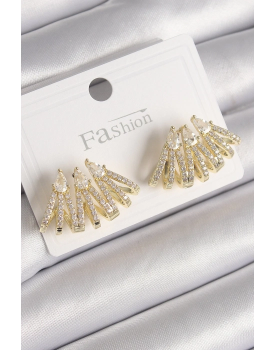 ® Pirinç Gold Renk Zirkon Taşlı Deniz Kabuğu Model Kadın Küpe