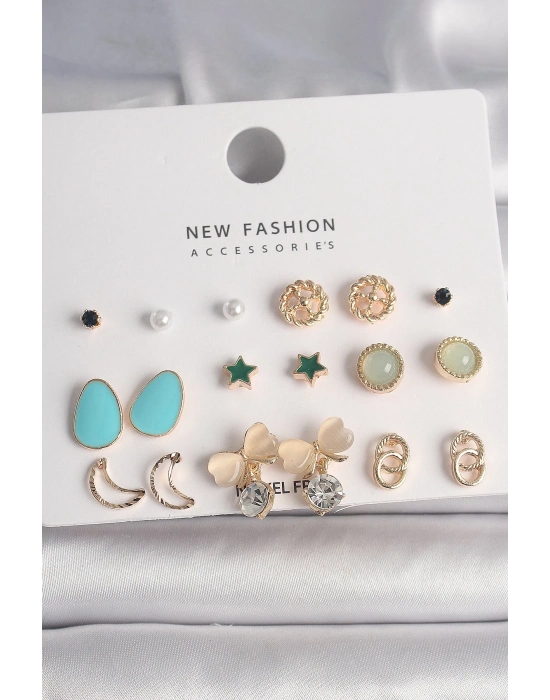 ® Pirinç Gold Renk Zirkon Taşlı Fiyonk Hilal Figür 9 Çift Kadın Küpe Seti