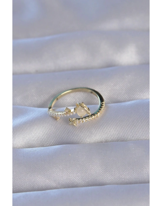 ® Pirinç Gold Renk Zirkon Taşlı İncili Satürn Model Ayarlanabilir Yüzük