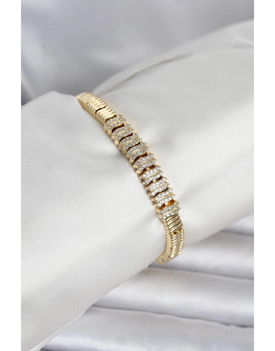 Pirinç Gold Renk Zirkon Taşlı Kadın Bileklik