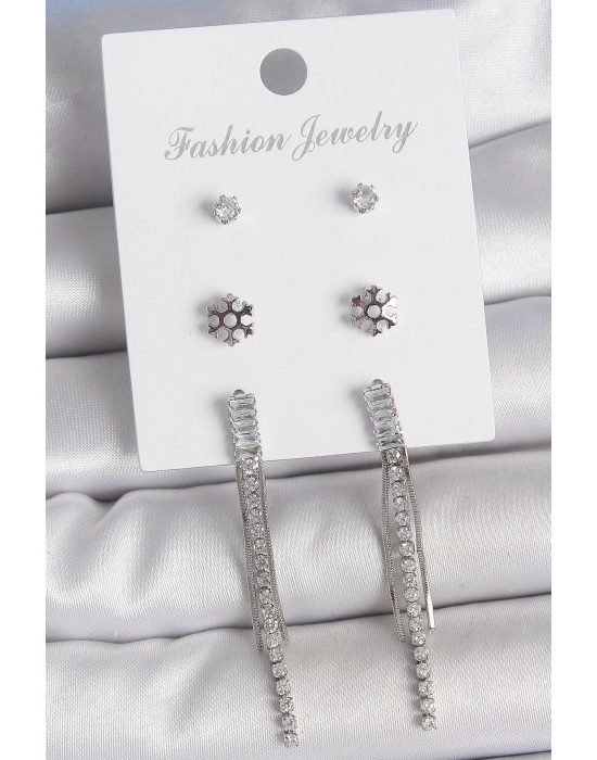 ® Pirinç Gold Renk Zirkon Taşlı Sallantılı Çiçek Detay 3 Çfit Kadın Küpe Seti