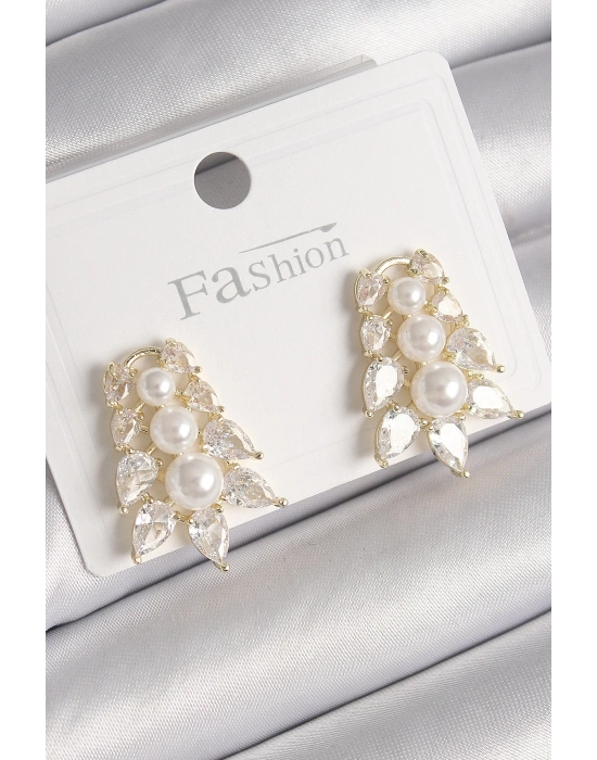 ® Pirinç Gold Renk Zirkon Taşlı Yaprak Model İnci Detay Kadın Küpe