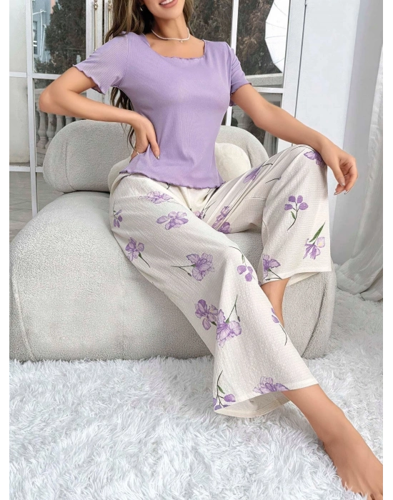 Kadın Mor Çiçek Desenli Yumuşak Pamuklu Uzun Pijama Takımı 5133