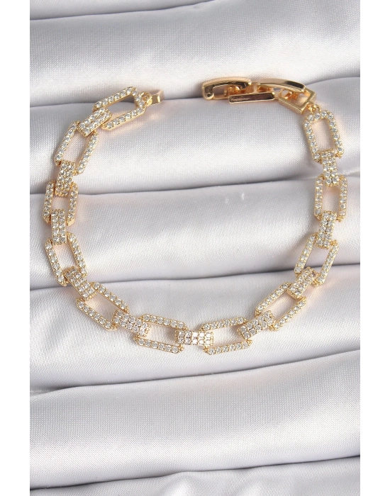 ® Pirinç Gold Renk Zirkon Taşlı Zincir Model VIP Seri Kadın Bileklik