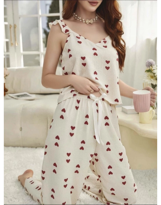 Kadın Ekru Kırmızı Kalp Desenli Yumuşak Pamuklu Uzun Pijama Takımı 5136