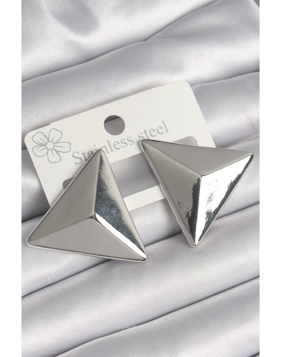 Pirinç Gümüş Renk 3D Üçgen Model Kadın Küpe