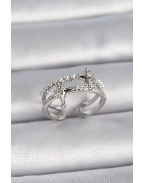 ® Pirinç Gümüş Renk Ayarlanabilir Zirkon Taşlı Kutup Yıldız İnci Detay Kadın Yüzük