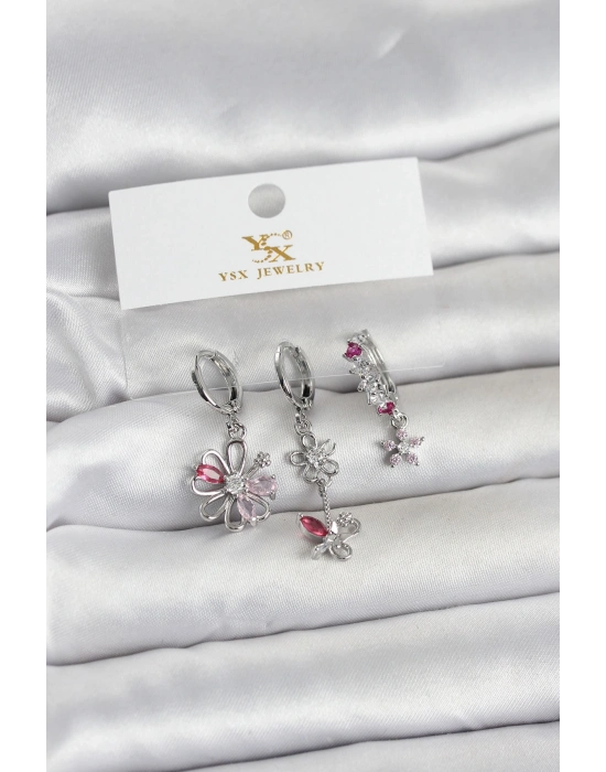 Pirinç Gümüş Renk Çiçek Model 3lü Kadın Küpe