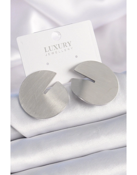 Pirinç Gümüş Renk Daire Plaka Model Kadın Küpe