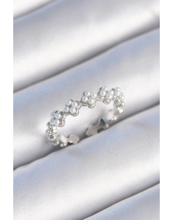 ® Pirinç Gümüş Renk İncili Yonca Model Kadın Yüzük