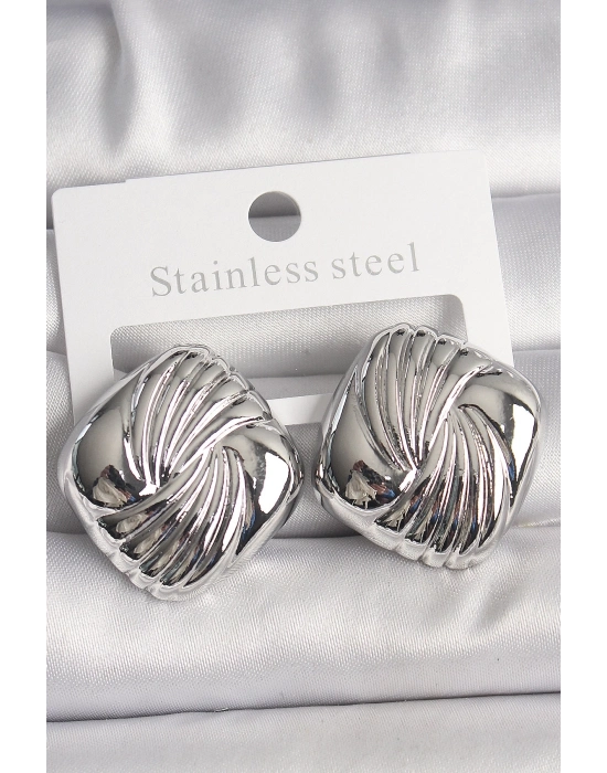 Pirinç Gümüş Renk İşlemeli Kare Model Kadın Küpe