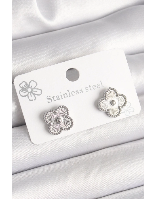 Pirinç Gümüş Renk İşlemeli Yonca Model Kadın Küpe