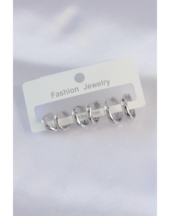 Pirinç Gümüş Renk Oval Bombeli Küpe Seti