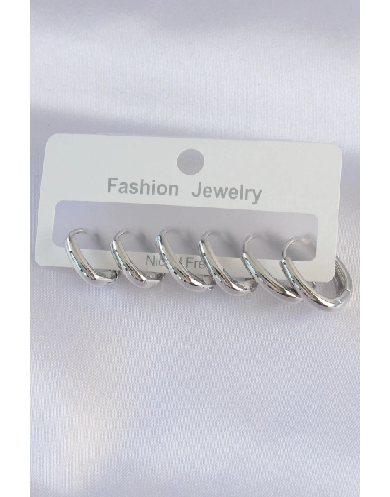 Pirinç Gümüş Renk Oval Küpe Seti