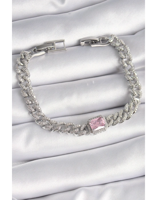 ® Pirinç Gümüş Renk Pembe Kare Zirkon Taşlı VIP Seri Kadın Bileklik