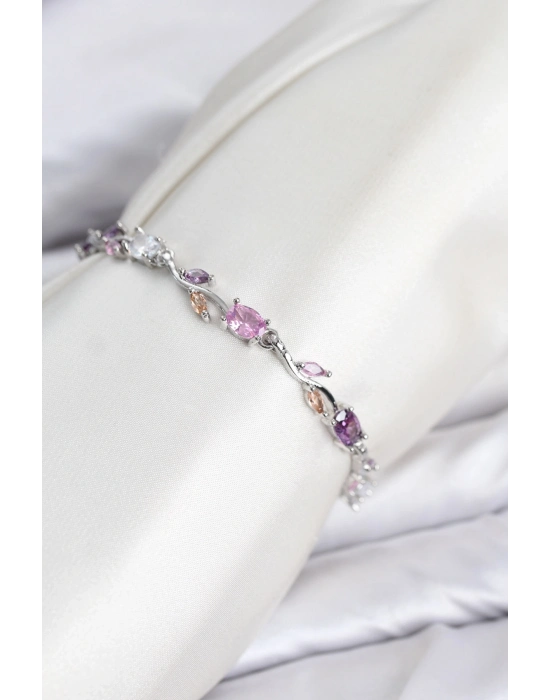 Pirinç Gümüş Renk Pembe ve Mor Zirkon Taşlı Çiçek Model Kadın Bileklik