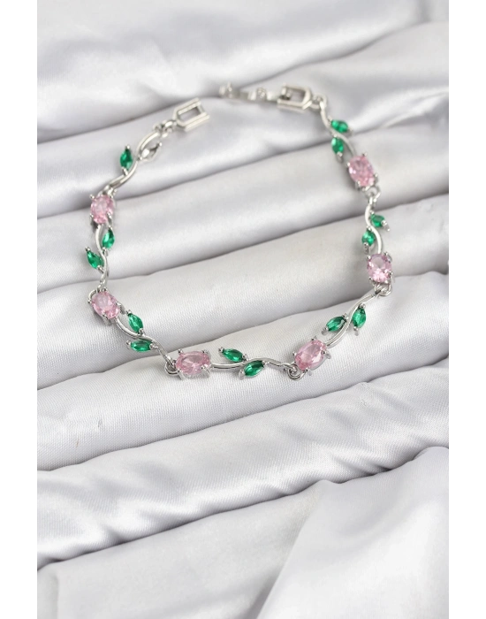 Pirinç Gümüş Renk Pembe Zirkon Taşlı Çiçek Model Kadın Bileklik