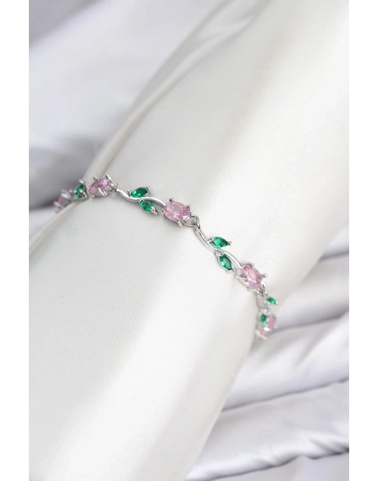 Pirinç Gümüş Renk Pembe Zirkon Taşlı Çiçek Model Kadın Bileklik