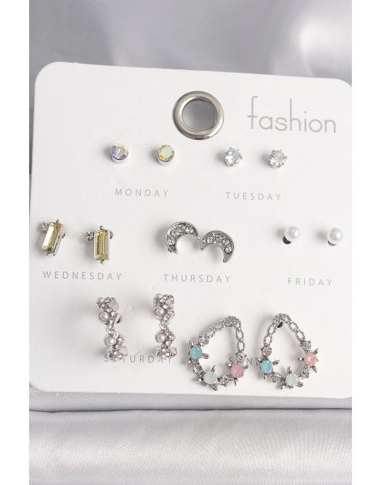 ® Pirinç Gümüş Renk Renkli Zirkon Taşlı Halka Damla Figür Hilal Detay 7 Çift Kadın Küpe Seti