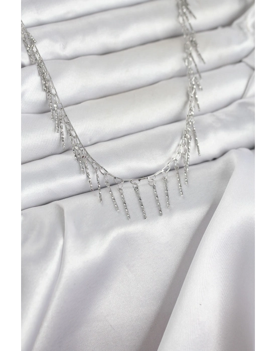 ® Pirinç Gümüş Renk Saçaklı Model Kadın Kolye