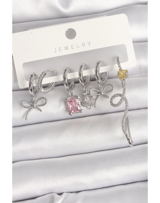 ® Pirinç Gümüş Renk Sallantı Kurdele Kuyruklu Yıldız Figür Pembe Kare Zirkon Taş Detay Kadın Küpe Seti
