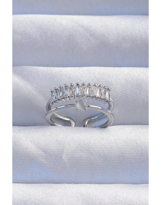 ® Pirinç Gümüş Renk Sedefli Zirkon Taşlı Su Yolu Model 2li Görünüm Ayarlanabilir Yüzük