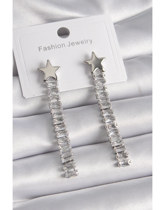 ® Pirinç Gümüş Renk Yıldız Model Su Yolu Zirkon Taş Kadın Küpe