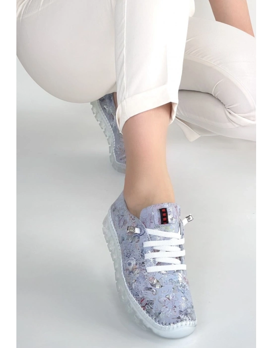 Kinte Lila Desenli Deri Bağcıklı Spor Ayakkabı