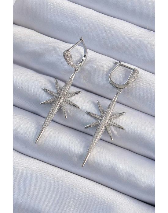 ® Pirinç Gümüş Renk Zirkon Taş Kaplama Kutup Yıldızı Tasarımlı Kadın Küpe