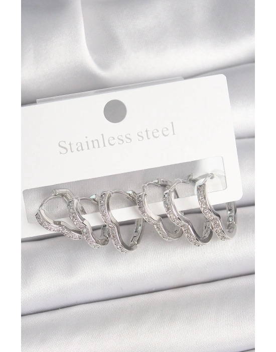 ® Pirinç Gümüş Renk Zirkon Taşlı 3 Çift Kalp Model Kadın Küpe