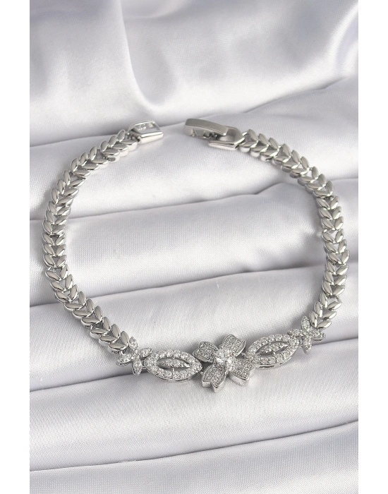 ® Pirinç Gümüş Renk Zirkon Taşlı Çiçek Figür Arpa Zincir Model Kadın Bileklik