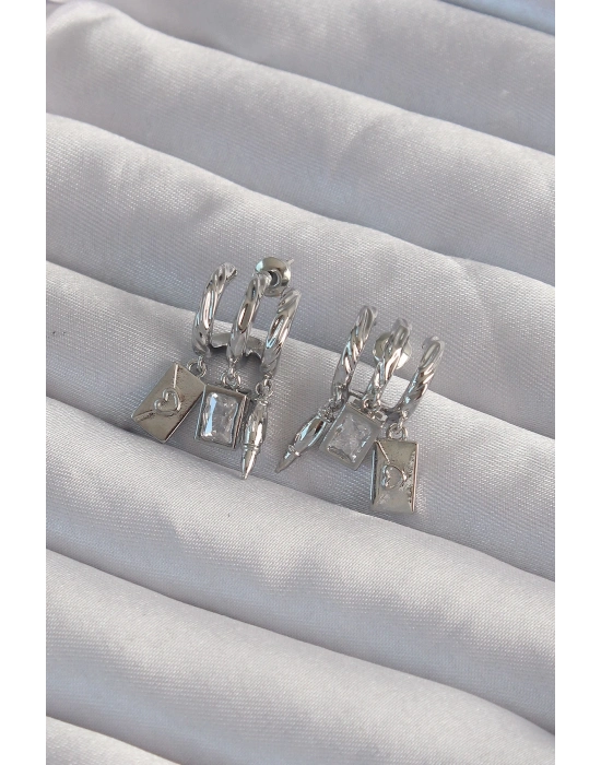 ® Pirinç Gümüş Renk Zirkon Taşlı Çoklu Aksesuarlı Yarım Halka Kaburga Küpe