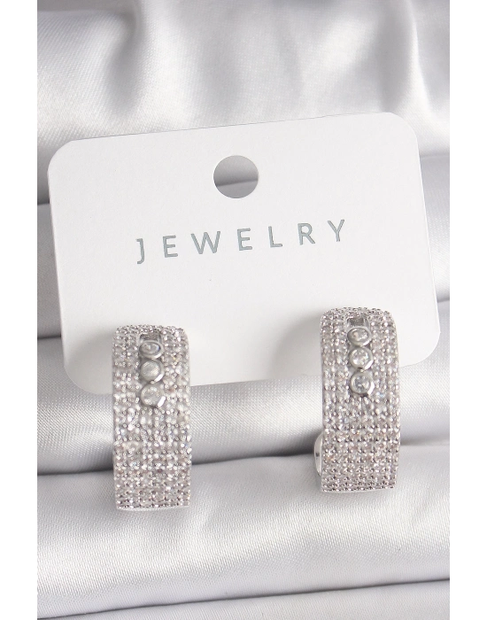 ® Pirinç Gümüş Renk Zirkon Taşlı Halka Messika Model Kadın Küpe