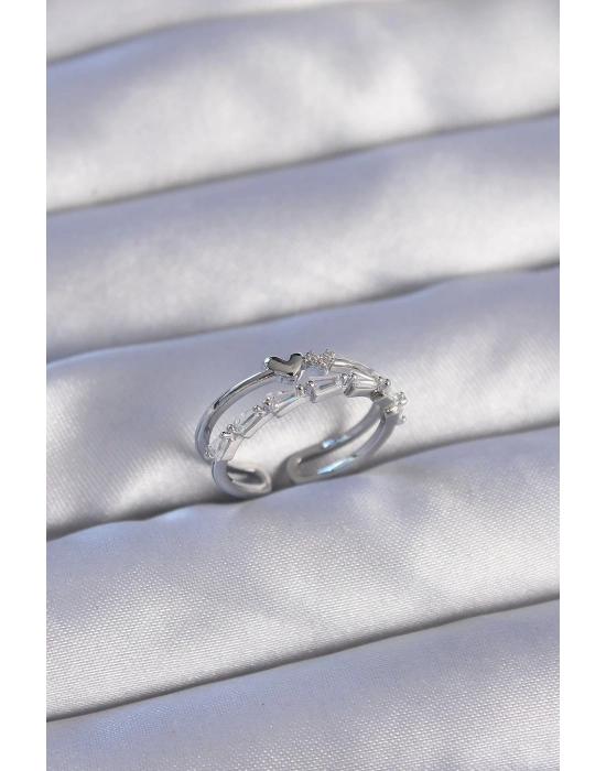 ® Pirinç Gümüş Renk Zirkon Taşlı Kalpli 2li Görünüm Ayarlanabilir Yüzük