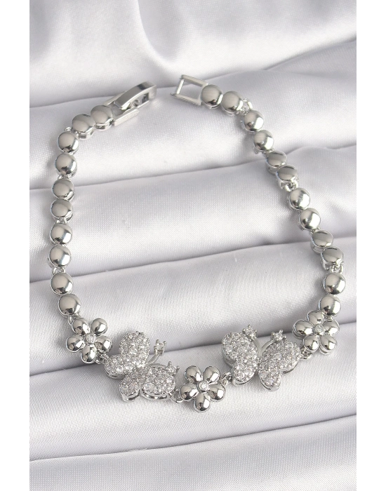 ® Pirinç Gümüş Renk Zirkon Taşlı Kelebek Figür Çiçek Zincir Model Kadın Bileklik