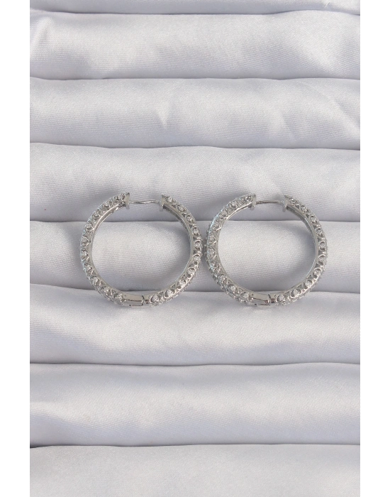 ® Pirinç Gümüş Renk Zirkon Taşlı Motifli Halka Küpe