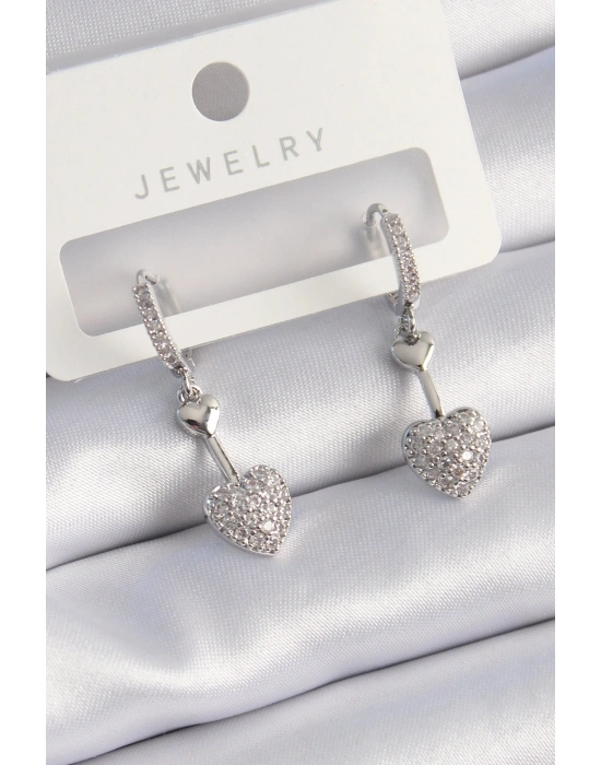 ® Pirinç Gümüş Renk Zirkon Taşlı Sallantı Kalp Model Kadın Küpe