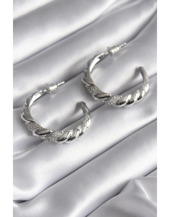 ® Pirinç Gümüş Renk Zirkon Taşlı Sarmal Model Kadın Küpe