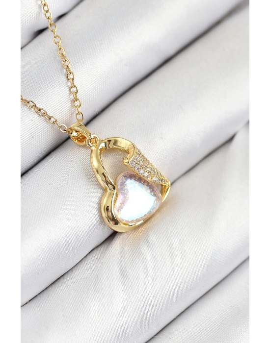 316L Çelik Zirkon Taşlı Kalp Model Gold Renk Kadın Kolye