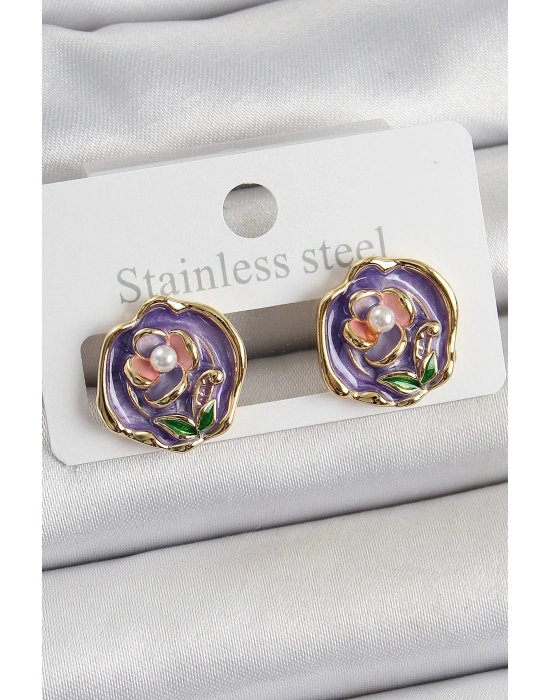 ® Pirinç Mor Mineli Çiçek Figürlü Sanatsal Portre Model Gold Renk Kadın Küpe