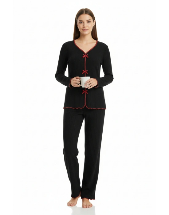 Premium Kadın 4’lü Fitilli Set – Siyah Kırmızı Biyeli (Pijama Üst, Pantolon, Bikini Takımı)