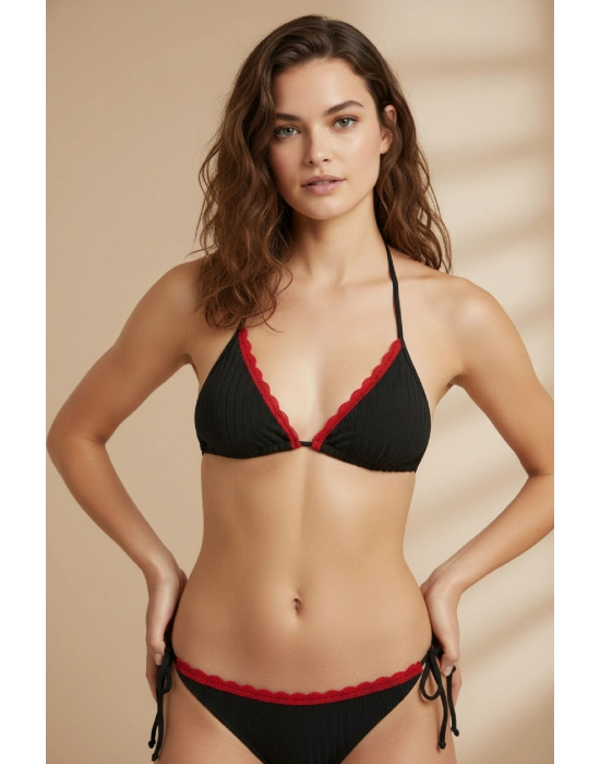 Premium Kadın 4’lü Fitilli Set – Siyah Kırmızı Biyeli (Pijama Üst, Pantolon, Bikini Takımı)